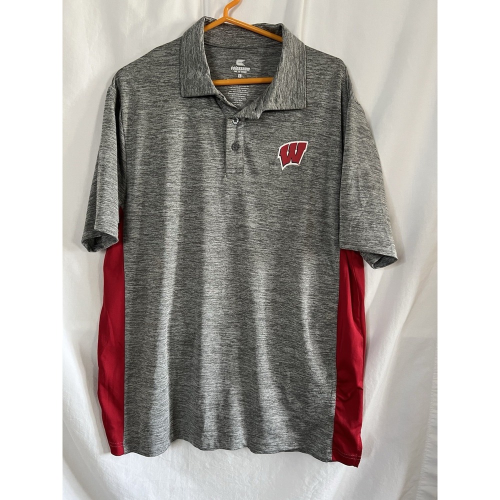 Wisconsin‎ Badgers Men's Colosseum Red Gray Large Lightweight Stretch Polo Shirt